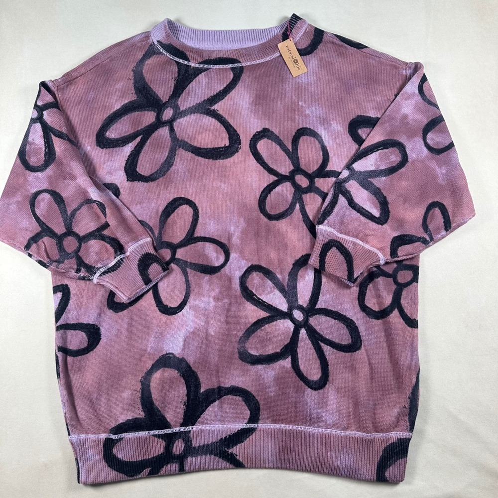 Natural Life Sweater Womens L/XL Oversized Floral Tie Dye Cotton Knit Mauve